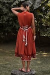 Shop_Vaani Beswal_Red Dress Handwoven Stripe Cotton Solid Ruffled Shore Pleated A-line With Belt_at_Aza_Fashions