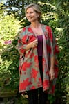 Buy_Aeshaane_Green Silk Red Abstract Leaf Hand Block Printed Kaftan _at_Aza_Fashions