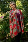 Aeshaane_Green Silk Red Abstract Leaf Hand Block Printed Kaftan _Online_at_Aza_Fashions