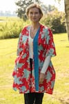 Buy_Aeshaane_Red Eri Silk Hand Block Printed Abstract Leaf Open Kaftan Robe _at_Aza_Fashions