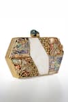 House of Webhin_Gold Mother Of Pearl Opulent Gem Embellished Clutch With Detachable Sling Chain _Online_at_Aza_Fashions