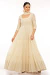 Shop_PREEVIN_Off White Cotton Mulmul Ivy Vine And Mirror Tiered Anarkali With Dupatta _at_Aza_Fashions