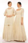 PREEVIN_Off White Cotton Mulmul Ivy Vine And Mirror Tiered Anarkali With Dupatta _Online_at_Aza_Fashions