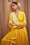 Shop_PREEVIN_Yellow Cotton Mulmul Diamond Bloom Angarkha Anarkali With Dupatta  _Online_at_Aza_Fashions