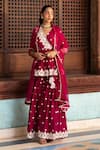 PREEVIN_Pink Cotton Mulmul Embroidery And Mirror Temple Kurta Sharara Set  _at_Aza_Fashions