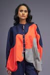 Deepika Arora_Blue 100% Cotton Colour Block Mandarin Collar Asymmetric Shirt With Pant _at_Aza_Fashions