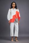 Buy_Deepika Arora_White 100% Cotton Colour Block Mandarin Collar Cut-out Shirt With Pant _at_Aza_Fashions