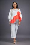 Deepika Arora_White 100% Cotton Colour Block Mandarin Collar Cut-out Shirt With Pant _Online_at_Aza_Fashions