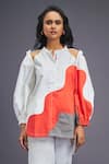 Buy_Deepika Arora_White 100% Cotton Colour Block Mandarin Collar Cut-out Shirt With Pant _Online_at_Aza_Fashions