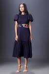 Deepika Arora Blue Poplin Patchwork Round Neck Cut-out Dress With Belt Online at Aza Fashions Deepika Arora_Blue Poplin Patchwork Round Neck Cut-out Dress With Belt_Online_at_Aza_Fashions