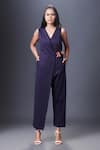 Buy_Deepika Arora_Blue Ponte Roma Patchwork V-neck Overlap Panel Jumpsuit _at_Aza_Fashions