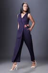 Buy_Deepika Arora_Blue Ponte Roma Patchwork V-neck Overlap Panel Jumpsuit _Online_at_Aza_Fashions