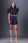 Buy_Deepika Arora_Blue Ponte Roma Patchwork Band Collar Sheer Sleeve Playsuit With Belt _at_Aza_Fashions