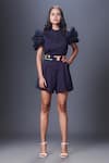 Shop_Deepika Arora_Blue Ponte Roma Patchwork Band Collar Sheer Sleeve Playsuit With Belt _at_Aza_Fashions