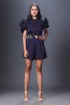 Deepika Arora_Blue Ponte Roma Patchwork Band Collar Sheer Sleeve Playsuit With Belt _Online_at_Aza_Fashions