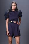 Buy_Deepika Arora_Blue Ponte Roma Patchwork Band Collar Sheer Sleeve Playsuit With Belt _Online_at_Aza_Fashions