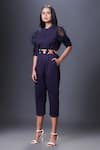 Buy_Deepika Arora_Blue Ponte Roma Patchwork Band Collar Sheer Sleeve Jumpsuit With Belt _Online_at_Aza_Fashions