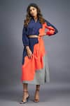 Buy_Deepika Arora_Blue 100% Cotton Mandarin Collar Color Blocked Shirt And Skirt Set _at_Aza_Fashions