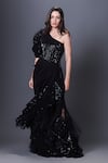 Buy_Deepika Arora_Black Ponte Roma Embroidered Sequins One Shoulder Bodysuit And Skirt Set _at_Aza_Fashions