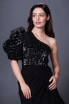 Deepika Arora_Black Ponte Roma Embroidered Sequins One Shoulder Bodysuit And Skirt Set _Online_at_Aza_Fashions