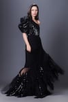 Buy_Deepika Arora_Black Ponte Roma Embroidered Sequins One Shoulder Bodysuit And Skirt Set _Online_at_Aza_Fashions