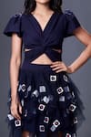 Deepika Arora_Blue Polyester Embroidery V-neck Ruffled Dress _Online_at_Aza_Fashions