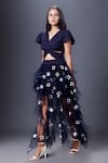 Shop_Deepika Arora_Blue Polyester Embroidery V-neck Ruffled Dress _Online_at_Aza_Fashions