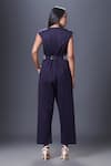 Shop_Deepika Arora_Blue Ponte Roma Applique Embroidered Floral Round Cap Sleeve Jumpsuit With Belt _at_Aza_Fashions