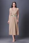 Buy_Deepika Arora_Beige Polyester V-neck Cap Sleeve Dress_at_Aza_Fashions