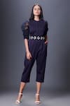 Buy_Deepika Arora_Blue Ponte Roma Applique Embroidered Floral Puffed Sleeve Jumpsuit With Belt _at_Aza_Fashions