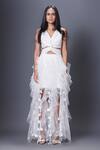 Buy_Deepika Arora_White Polyester Ruffles, Applique V-neck Geometric Embroidered Dress_at_Aza_Fashions