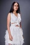 Buy_Deepika Arora_White Polyester Ruffles, Applique V-neck Geometric Embroidered Dress_Online_at_Aza_Fashions