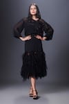 Buy_Deepika Arora_Black Ponte Roma Embroidery Floral Applique Round Top And Ruffle Skirt Set _at_Aza_Fashions