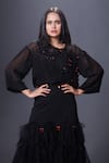 Buy_Deepika Arora_Black Ponte Roma Embroidery Floral Applique Round Top And Ruffle Skirt Set _Online_at_Aza_Fashions