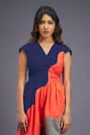 Deepika Arora_Blue 100% Cotton Colorblock V Neck Wave Backless Jumpsuit _Online_at_Aza_Fashions