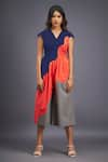 Buy_Deepika Arora_Blue 100% Cotton Colorblock V Neck Wave Backless Jumpsuit _Online_at_Aza_Fashions