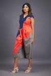 Shop_Deepika Arora_Blue 100% Cotton Colorblock V Neck Wave Backless Jumpsuit _Online_at_Aza_Fashions