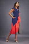 Deepika Arora_Blue 100% Cotton Colorblock V Neck Wave Backless Jumpsuit _at_Aza_Fashions