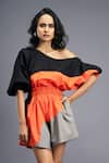 Deepika Arora_Black 100% Cotton Colorblock One Shoulder Neck Wave Playsuit _Online_at_Aza_Fashions