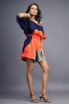 Shop_Deepika Arora_Blue 100% Cotton Colorblock One Shoulder Neck Playsuit _Online_at_Aza_Fashions