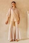 Buy_Twenty Nine_Beige Gabardine Beads Mandarin Collar Bandhani Gajji Silk Top _at_Aza_Fashions