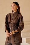 Shop_Twenty Nine_Brown Gingham High Neck Crushed Bandhani Shirt Jacket _Online_at_Aza_Fashions