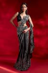 Charu and Vasundhara_Black Saree Organza Embroidered Floral Vayda Cutwork Pre-draped With Blouse _Online_at_Aza_Fashions