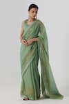 Buy_Rhua India_Green Saree Tissue Chanderi Embroidery Krisha Gardenia Zardozi Set  _at_Aza_Fashions