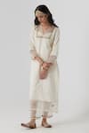 Rhua India_White Kurta Banarasi Silk Embroidery Vriti Stripe Woven Pant Set  _at_Aza_Fashions