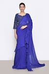 Buy_Sana Barreja_Blue Embroidered Floral Clara Pre-draped Ruffle Saree With Blouse  _at_Aza_Fashions