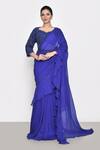 Sana Barreja_Blue Embroidered Floral Clara Pre-draped Ruffle Saree With Blouse  _Online_at_Aza_Fashions