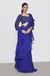 Buy_Sana Barreja_Blue Embroidered Floral Clara Pre-draped Ruffle Saree With Blouse  _Online_at_Aza_Fashions