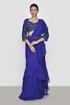 Shop_Sana Barreja_Blue Embroidered Floral Clara Pre-draped Ruffle Saree With Blouse  _Online_at_Aza_Fashions