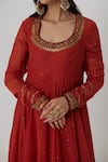 Rhua India_Red Anarkali Mukaish Chanderi Embroidery Aari U Neck Mitali Set  _at_Aza_Fashions